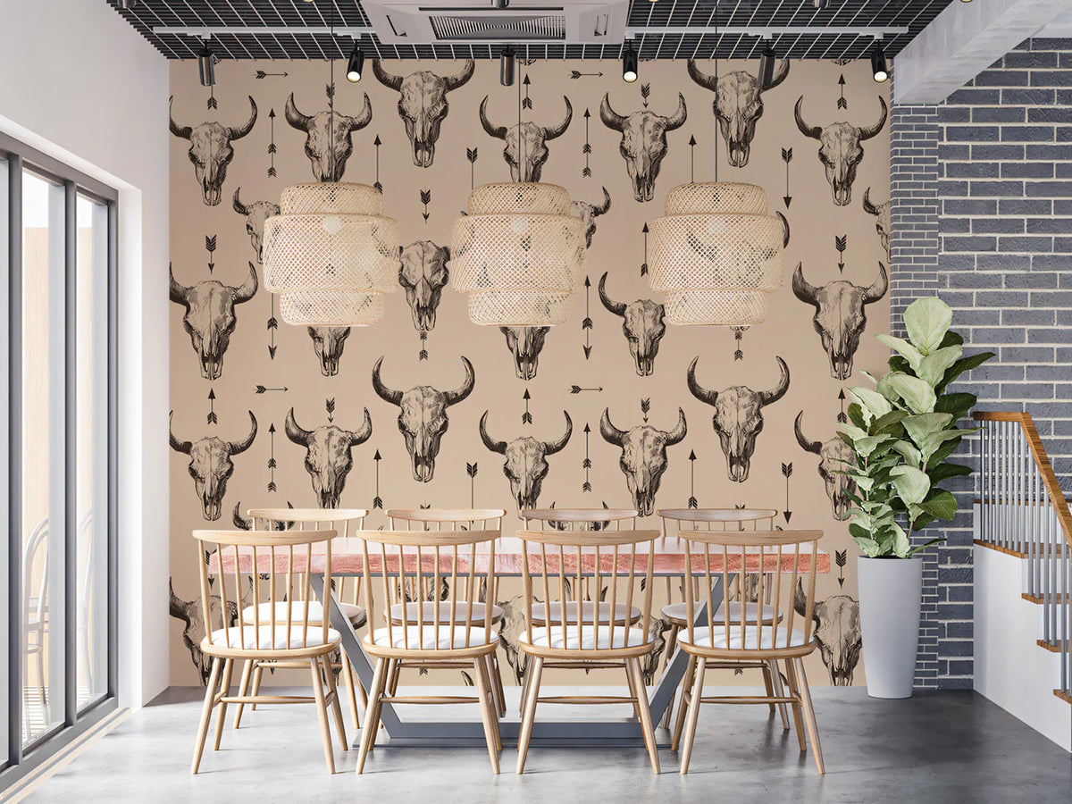 Vintage Cow Skull Western Mural Wallpaper —Rustic Beige Pattern Mural Wallpaper - pure wallpaper artwork