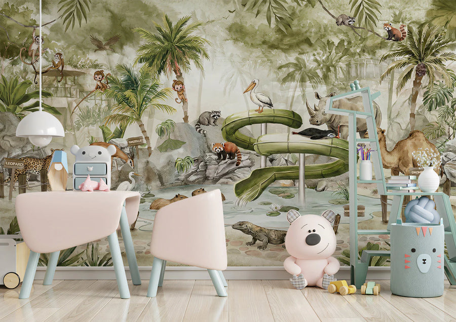 Vintage Zoo Animal Jungle Mural Wallpaper — Soft Sepia Watercolor Mural Wallpaper