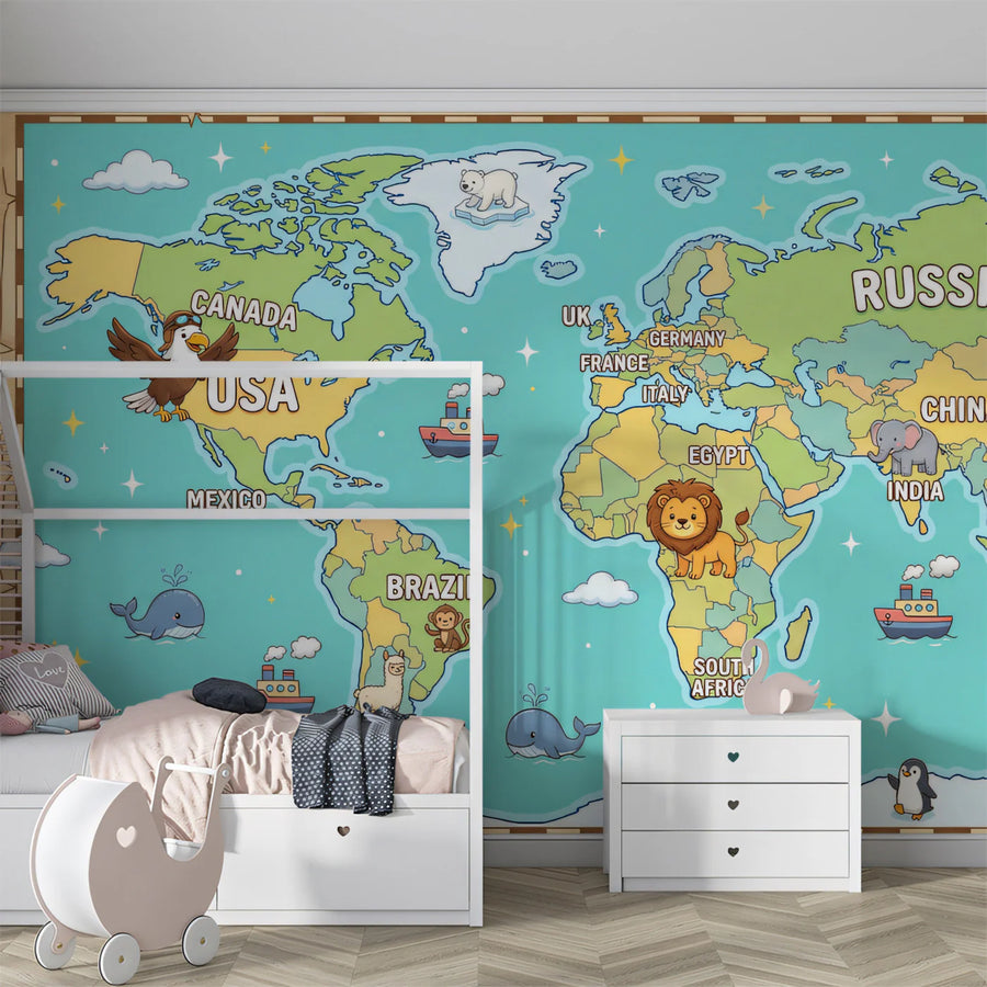 Educational World Map Mural Wallpaper with Cute Animals Mural Wallpaper