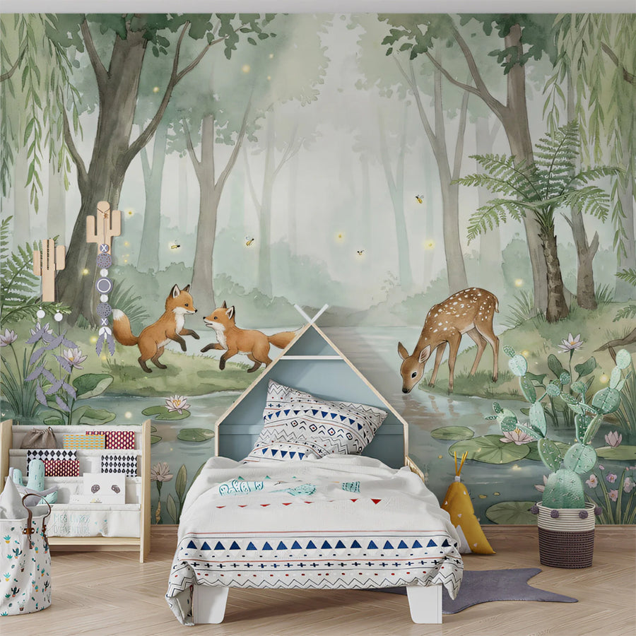 Watercolor Forest Friends Mural Wallpaper — Soft Woodland Scene Mural Wallpaper