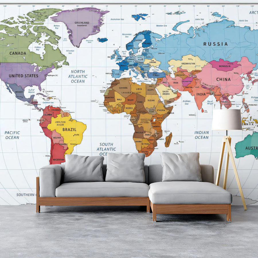 Educational World Map Mural Wallpaper in Vibrant Tones Mural Wallpaper
