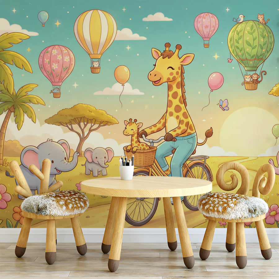 Giraffe and Friends Hot Air Balloon Mural Wallpaper