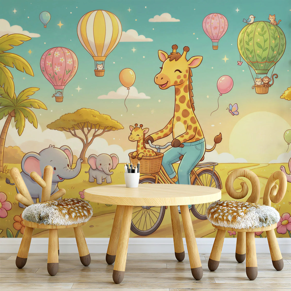 Giraffe and Friends Hot Air Balloon Mural Wallpaper - pure wallpaper artwork
