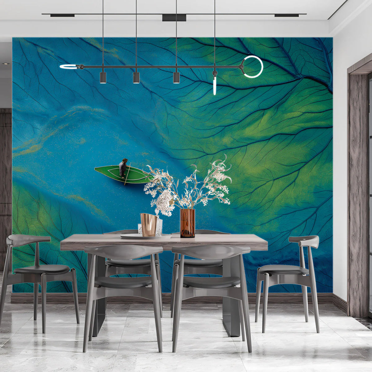 Aerial Leaf Vein and Boat Mural Wallpaper — Abstract Artistic Mural Wallpaper - pure wallpaper artwork