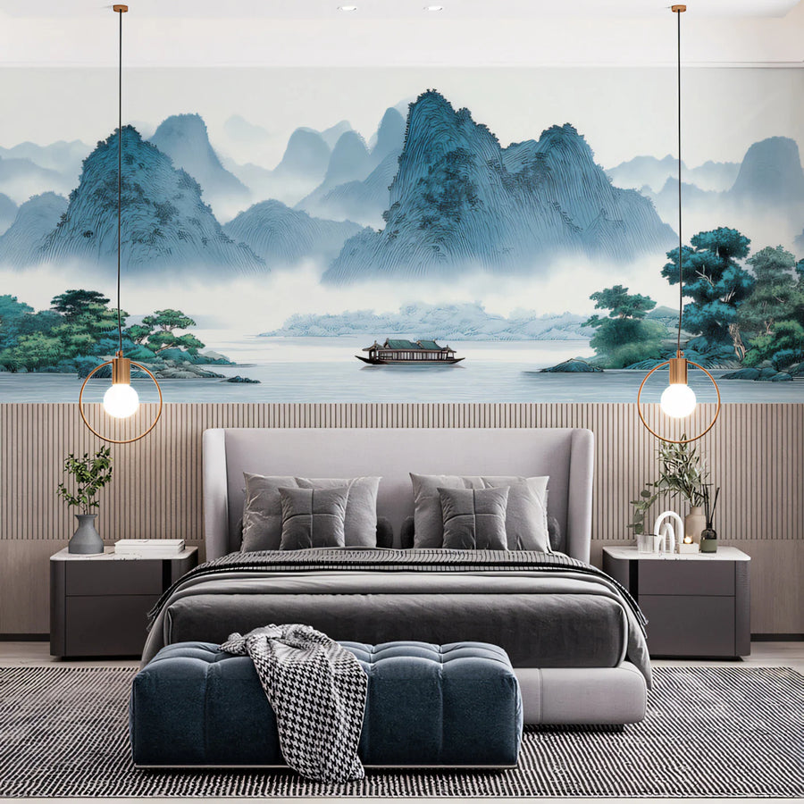 Misty Mountain Landscape Mural Wallpaper in Blue and Green Mural Wallpaper
