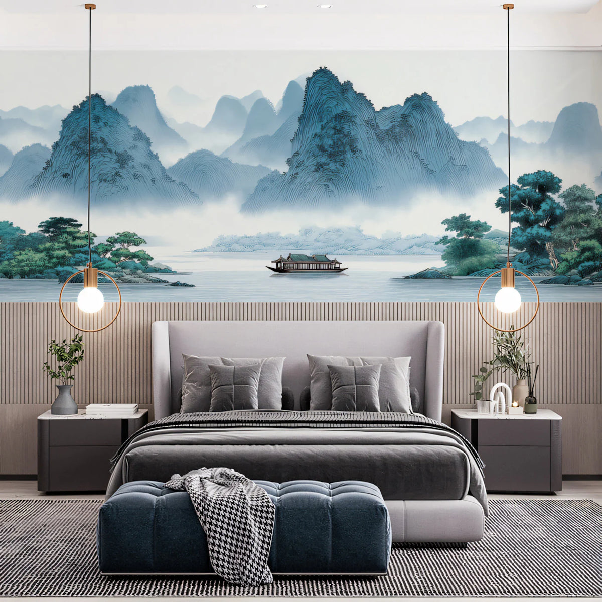 Misty Mountain Landscape Mural Wallpaper in Blue and Green Mural Wallpaper - pure wallpaper artwork