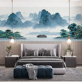Misty Mountain Landscape Mural Wallpaper in Blue and Green Mural Wallpaper - pure wallpaper artwork