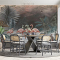 Pink Flamingo Jungle Mural Wallpaper — Moody Tropical Botanical Mural Wallpaper - pure wallpaper artwork
