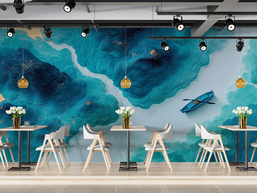 3D Topographic Ocean Mural Wallpaper — Paper Cut Style Nautical Art Mural Wallpaper