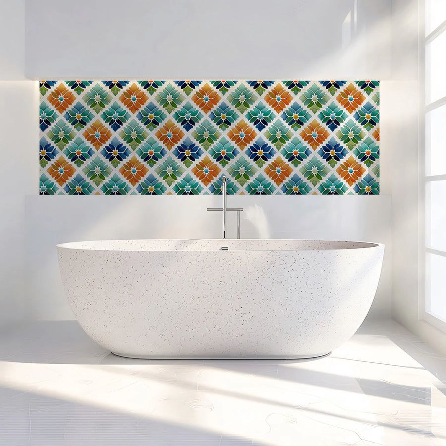 Geometric Floral Tile Mural Wallpaper —Vibrant Retro Mosaic Mural Wallpaper
