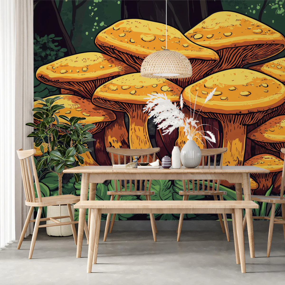 Vibrant Orange Mushrooms in Dark Forest Mural Wallpaper Fantasy Nature Vector Art Mural Wallpaper - pure wallpaper artwork