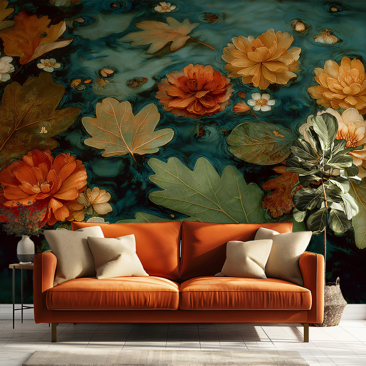 Floating Autumn Leaves and Floral Mural Wallpaper - pure wallpaper artwork