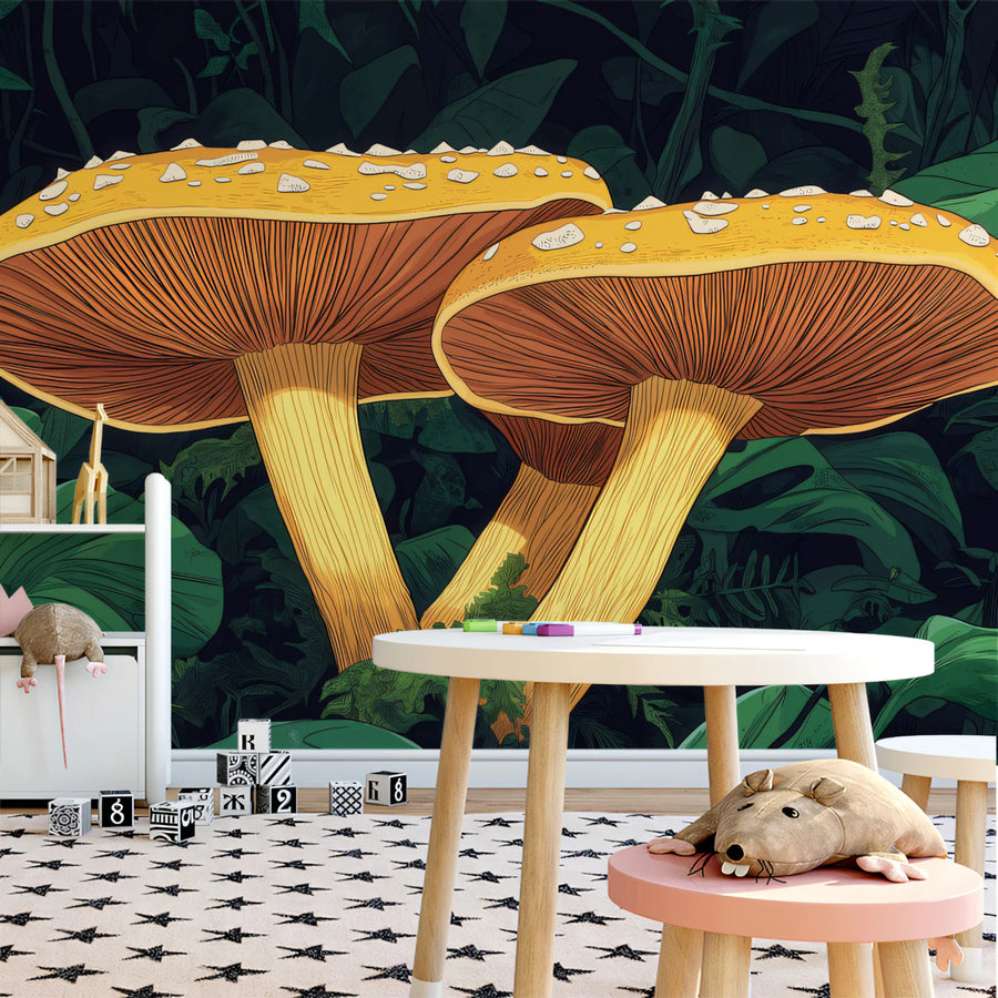 Giant Botanical Mushroom Mural Wallpaper — Whimsical Forest Scene Mural Wallpaper