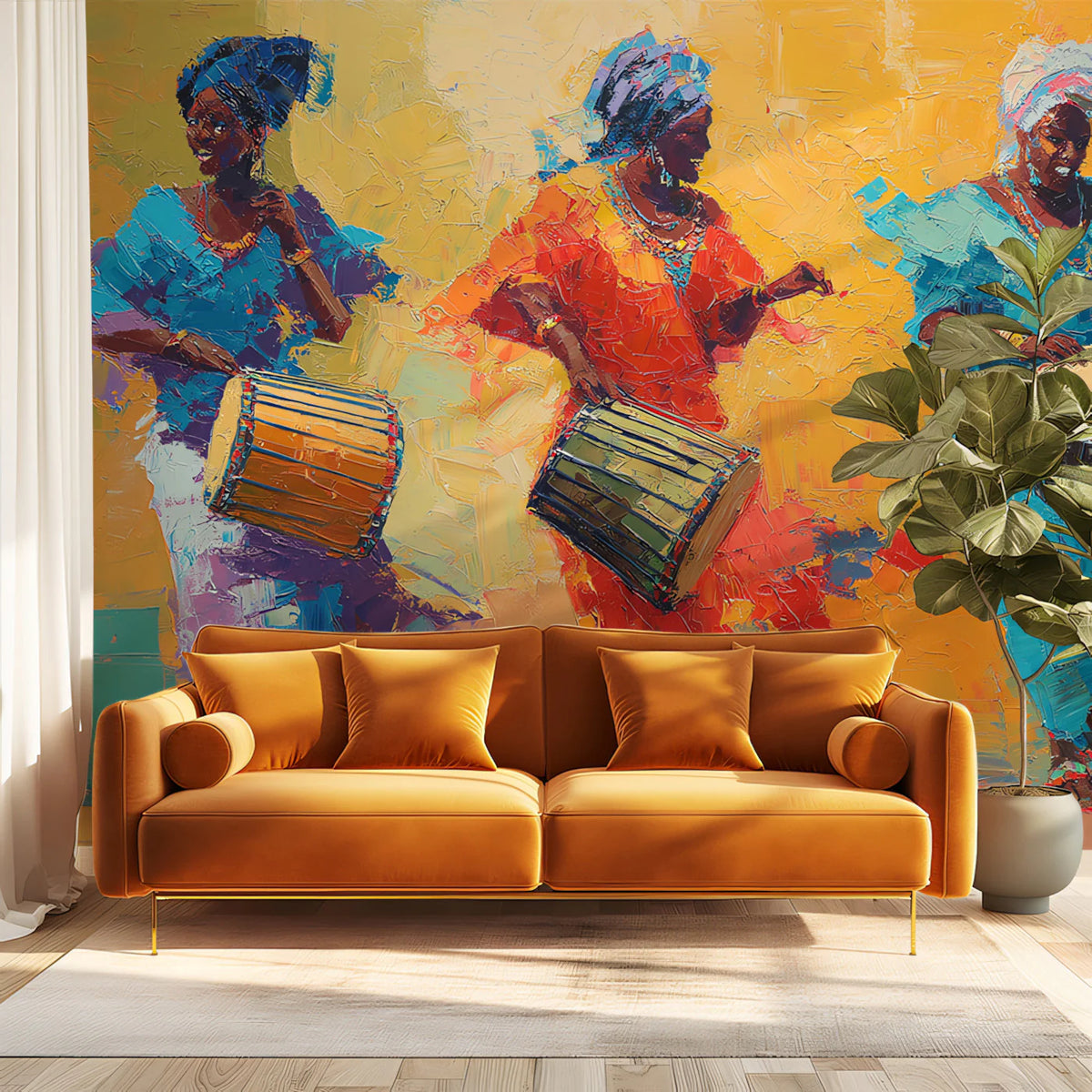 African Drummer Dancers Mural Wallpaper — Impressionist Oil Art Mural Wallpaper - pure wallpaper artwork