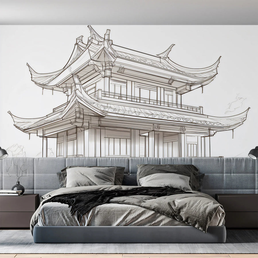 Traditional Chinese Pavilion Architectural Sketch Mural Wallpaper