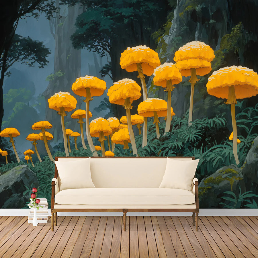 Glowing Forest Mushroom Mural Wallpaper — Whimsical Nature Art Mural Wallpaper