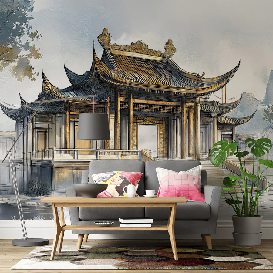 Traditional Chinese Palace Mural Wallpaper — Ink and Watercolor Art Mural Wallpaper