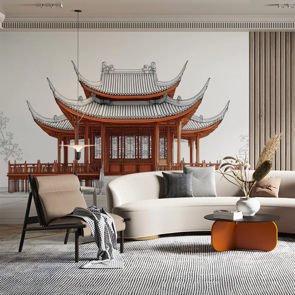 Chinese Pavilion Architectural Sketch Mural Wallpaper in Burnt Red Mural Wallpaper - pure wallpaper artwork