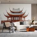 Chinese Pavilion Architectural Sketch Mural Wallpaper in Burnt Red Mural Wallpaper - pure wallpaper artwork