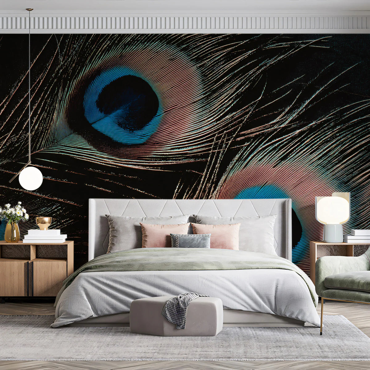 Macro Peacock Feather Mural Wallpaper — Moody Dark Decor Mural Wallpaper - pure wallpaper artwork