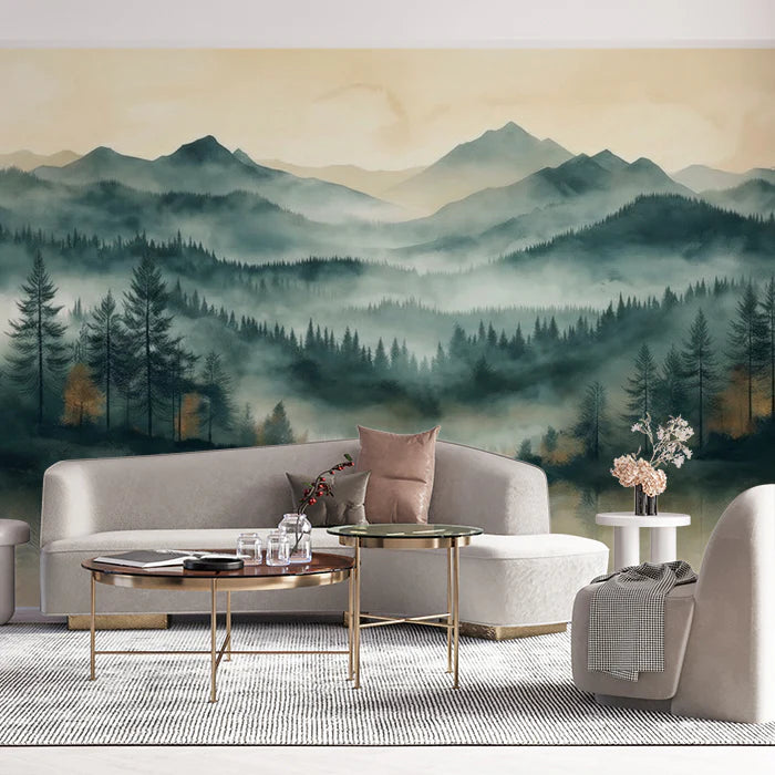 Misty Mountain Lake Mural Wallpaper — Watercolor Landscape Mural Wallpaper