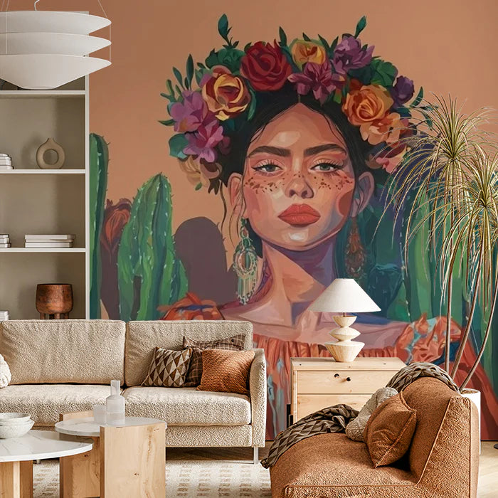 Desert Muse Floral Portrait Mural Wallpaper — Boho Artistic Style Mural Wallpaper