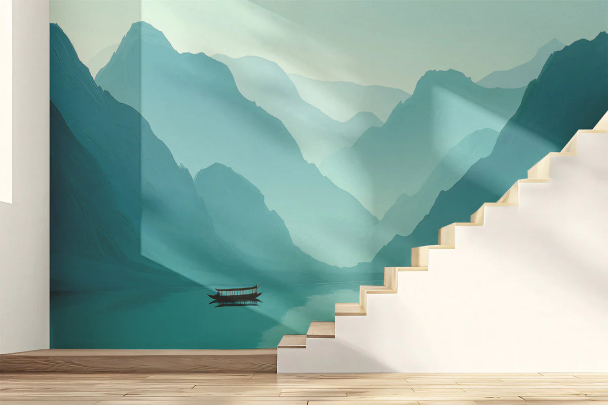 Misty Mountain Lake Mural Wallpaper — Teal Painterly Landscape Mural Wallpaper - pure wallpaper artwork