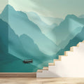 Misty Mountain Lake Mural Wallpaper — Teal Painterly Landscape Mural Wallpaper - pure wallpaper artwork
