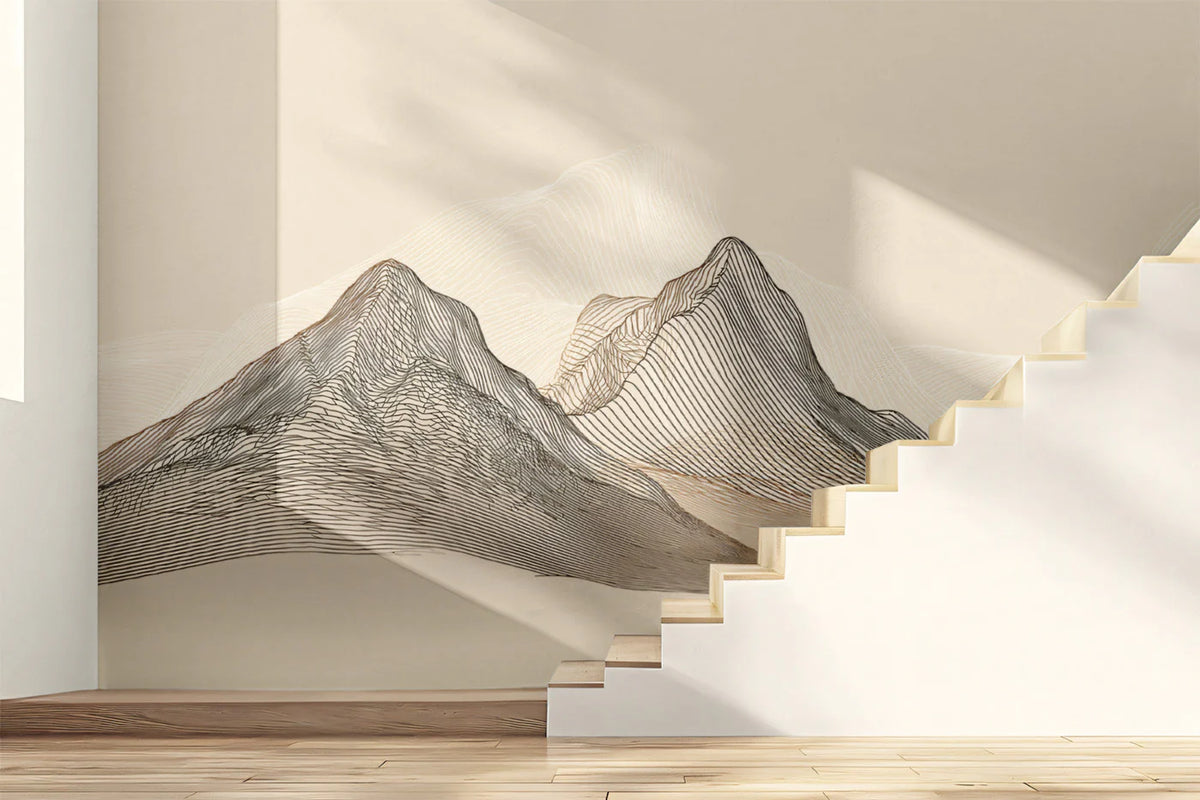 Topographic Mountain Line Art Mural Wallpaper — Beige Minimalist Mural Wallpaper - pure wallpaper artwork