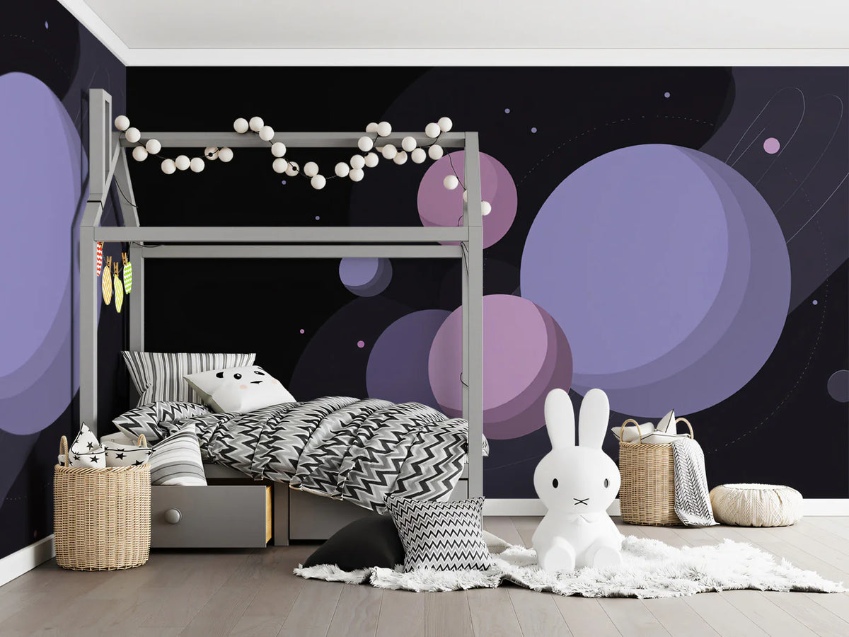 Cosmic Orbit Mural Wallpaper — Modern Lavender and Charcoal Space Mural Wallpaper - pure wallpaper artwork