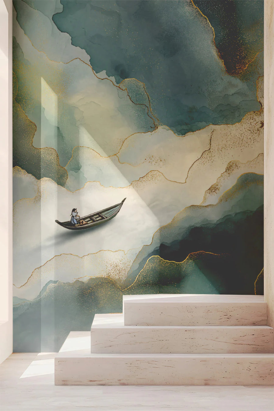 Abstract Teal Ink and Gold Boat Mural Wallpaper