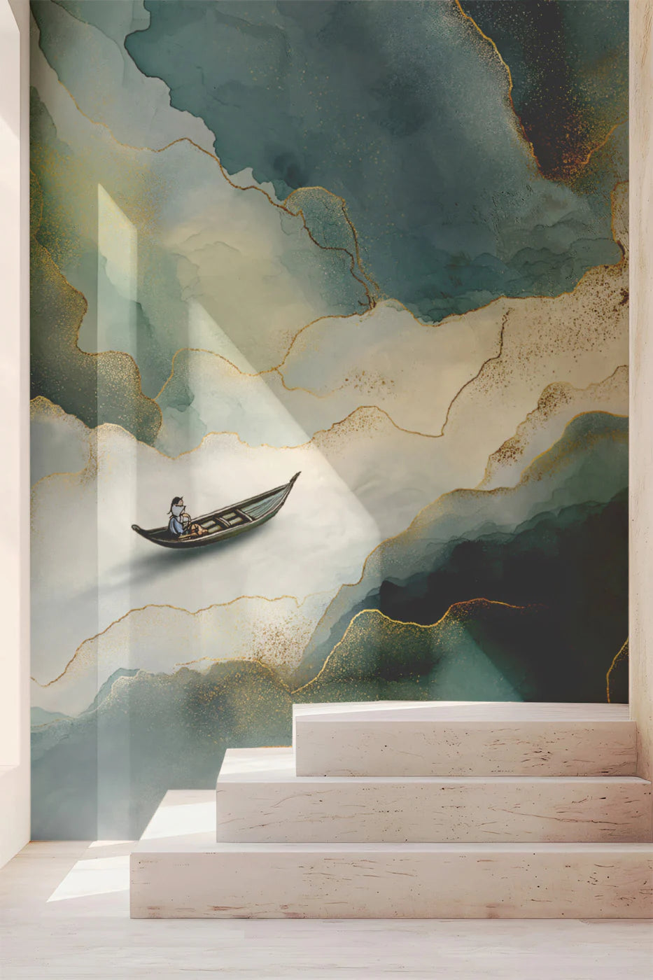 Abstract Teal Ink and Gold Boat Mural Wallpaper - pure wallpaper artwork