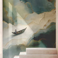 Abstract Teal Ink and Gold Boat Mural Wallpaper - pure wallpaper artwork