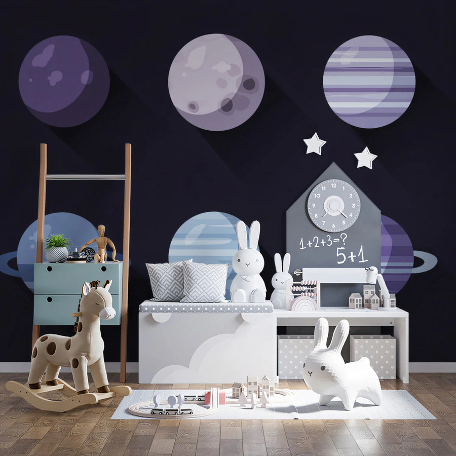 Solar System Planets Mural Wallpaper — Modern Vector Space Design Mural Wallpaper