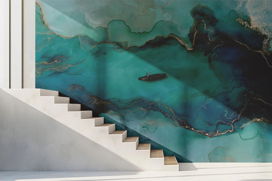 Teal Fluid Ink and Gold Vein Mural Wallpaper — Modern Coastal Art Mural Wallpaper