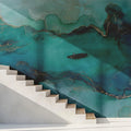 Teal Fluid Ink and Gold Vein Mural Wallpaper — Modern Coastal Art Mural Wallpaper - pure wallpaper artwork