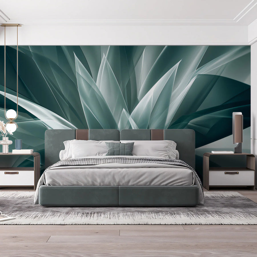 Crystalline Teal Botanical Mural Wallpaper — Modern Abstract Art Mural Wallpaper