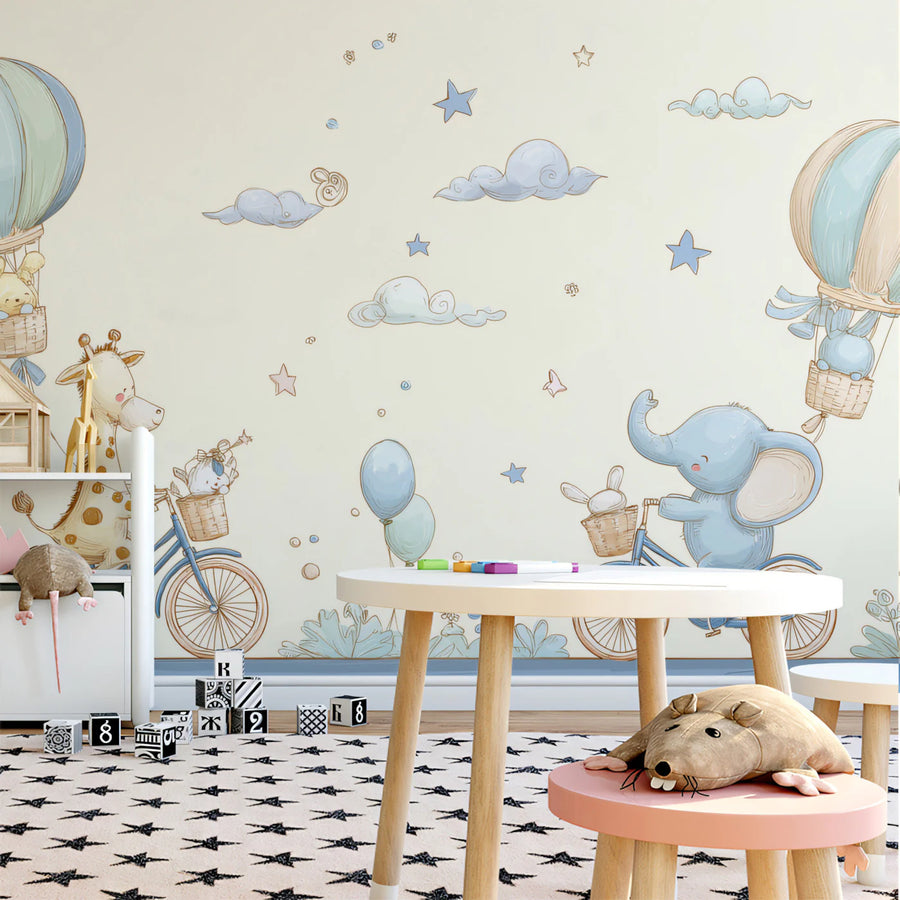 Safari Friends Bicycle Adventure Mural Wallpaper — Whimsical Decor Mural Wallpaper