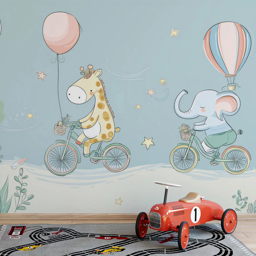 Cycling Safari Animal Mural Wallpaper — Whimsical Kids Decor Mural Wallpaper