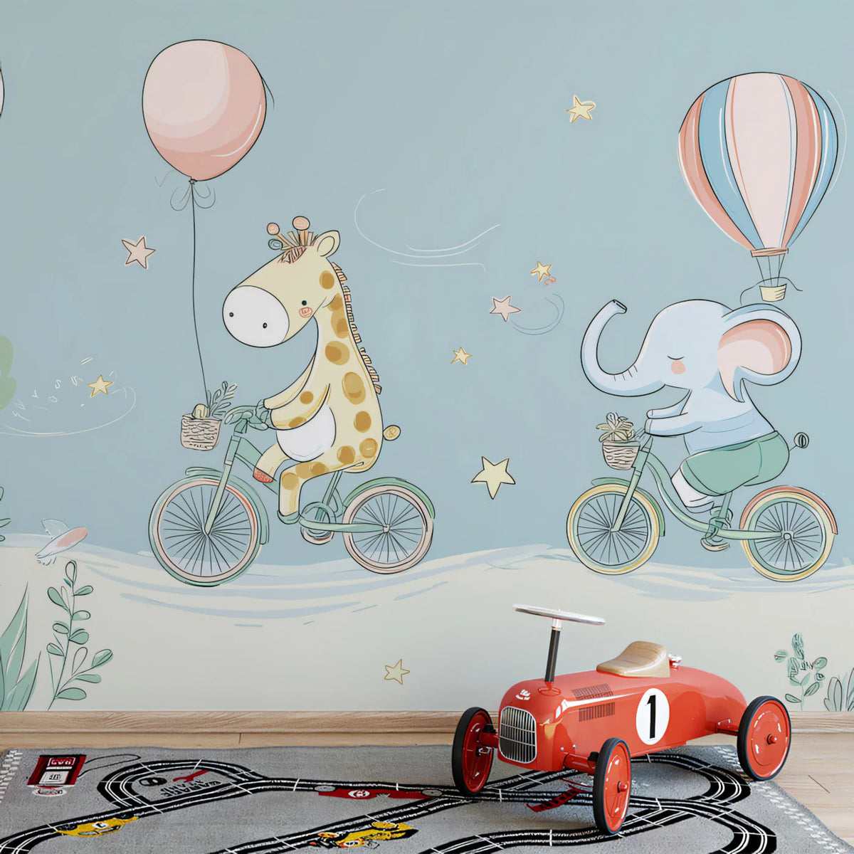 Cycling Safari Animal Mural Wallpaper — Whimsical Kids Decor Mural Wallpaper - pure wallpaper artwork