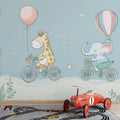 Cycling Safari Animal Mural Wallpaper — Whimsical Kids Decor Mural Wallpaper - pure wallpaper artwork