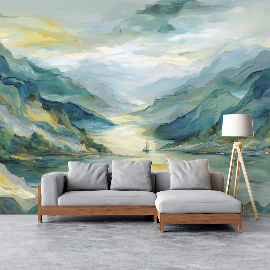 Impressionist Mountain Lake Mural Wallpaper — Painted Landscape Mural Wallpaper