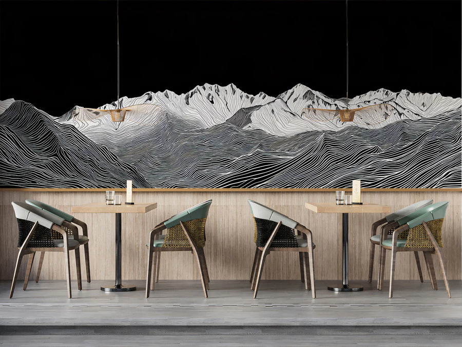 Topographic Mountain Line Art Mural Wallpaper — Monochrome Horizon Mural Wallpaper