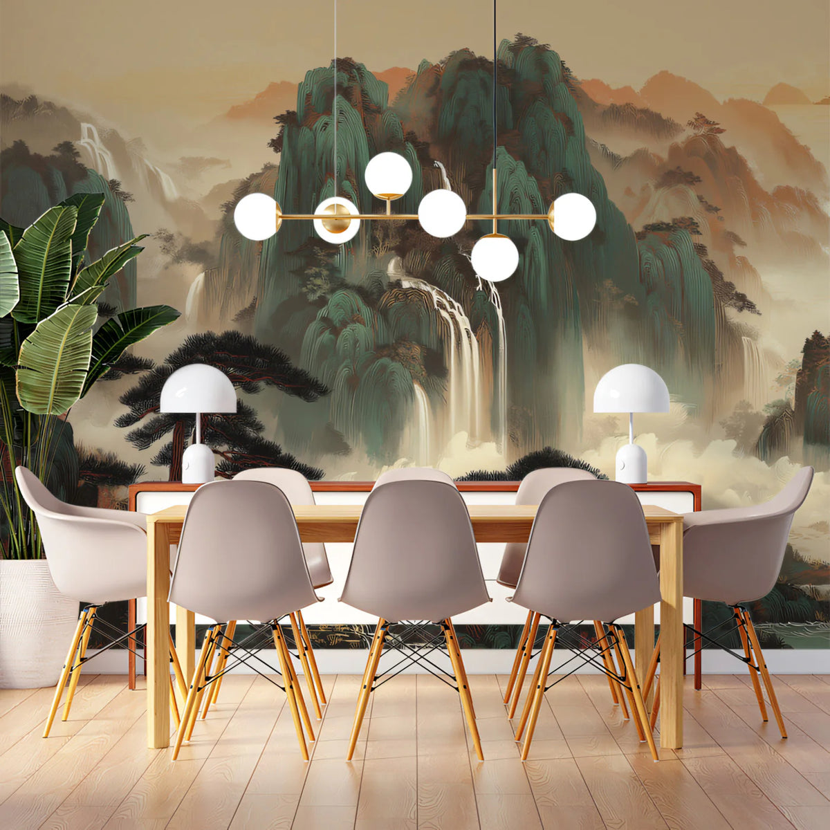 Emerald Peaks Shanshui Landscape Mural Wallpaper - pure wallpaper artwork