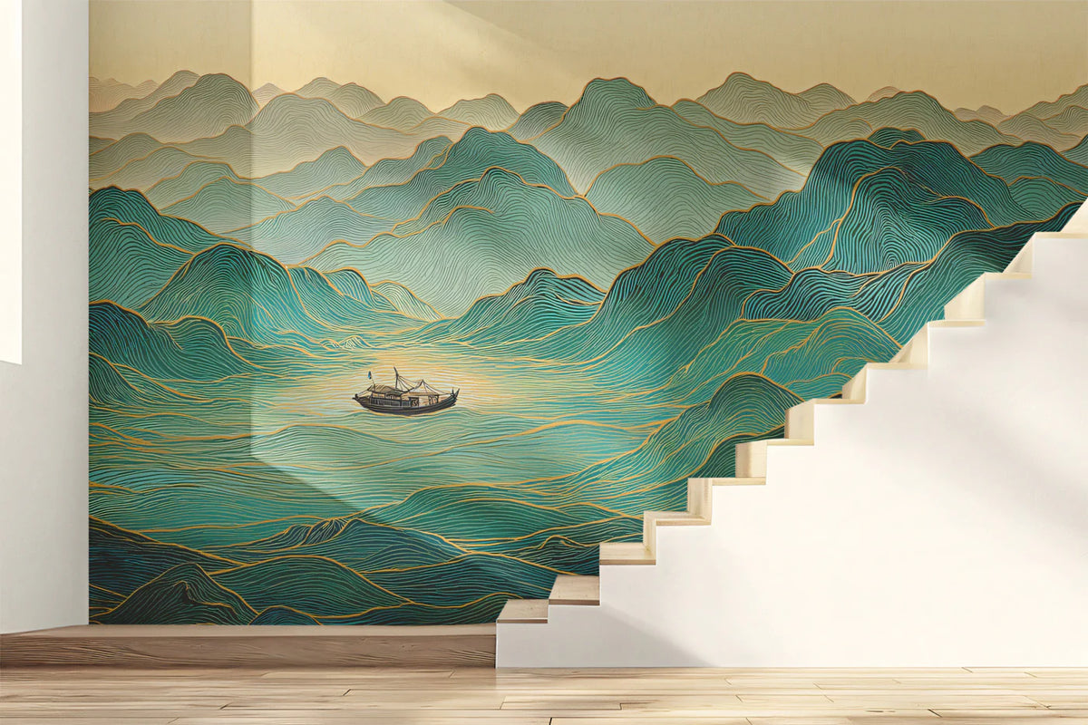 Floating Mountain Peak Mural Wallpaper — Zen Teal and Gold Landscape Mural Wallpaper - pure wallpaper artwork