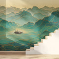 Floating Mountain Peak Mural Wallpaper — Zen Teal and Gold Landscape Mural Wallpaper - pure wallpaper artwork