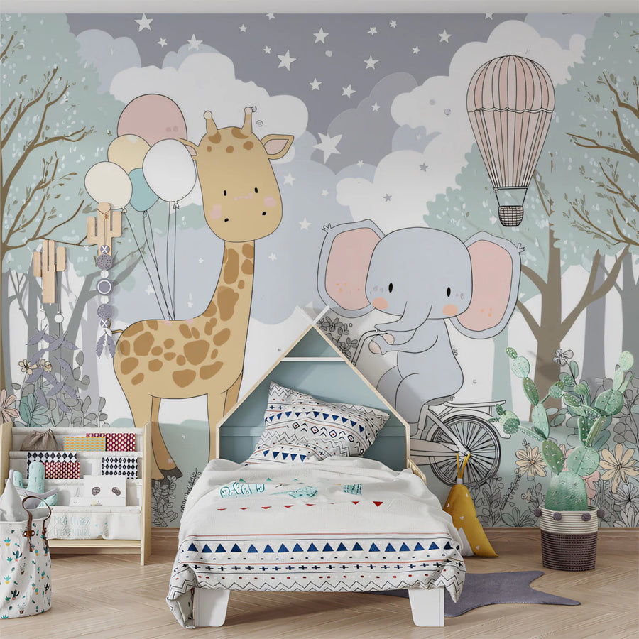 Giraffe and Elephant Forest Adventure Mural Wallpaper