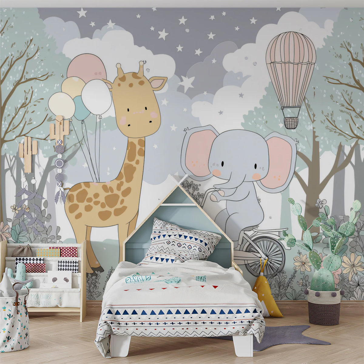 Giraffe and Elephant Forest Adventure Mural Wallpaper - pure wallpaper artwork