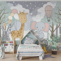 Giraffe and Elephant Forest Adventure Mural Wallpaper - pure wallpaper artwork