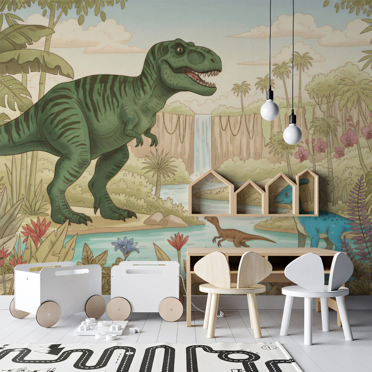 Prehistoric Jungle Adventure Mural Wallpaper — Whimsical Nature Scene Mural Wallpaper - pure wallpaper artwork